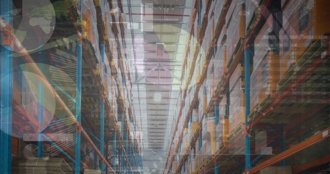Overlay of Financial Data and Warehouse Interior Suggests Advanced Logistics
