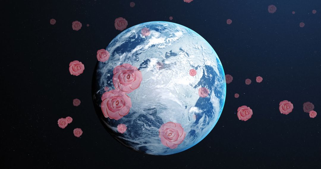 Roses Falling Over Rotating Globe Metaphor for Global Interconnection
