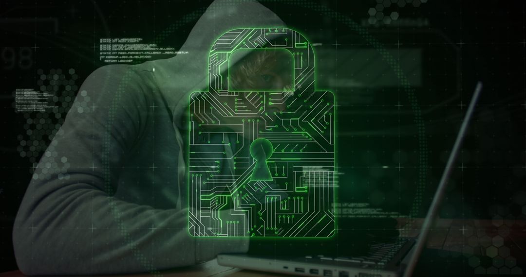 Cybersecurity Threat with Hooded Hacker and Digital Lock Symbol