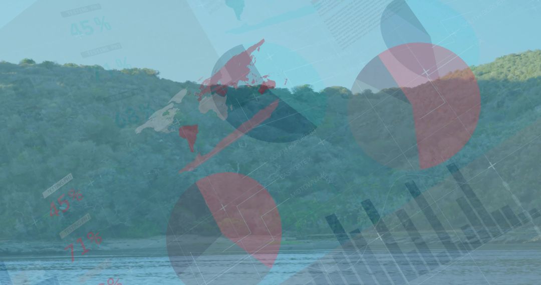 Environmental Data Visuals Blending River Landscape with Pie Charts, Bar Graphs, World Map