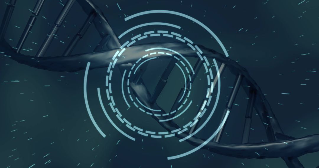 Spiraling DNA Double Helix Twisting Through Futuristic Cyan HUD Rings Genome Visualization