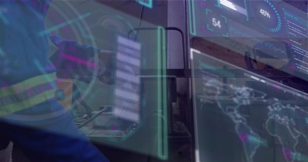 Technician monitoring industrial control room with HUD overlays and global data dashboards