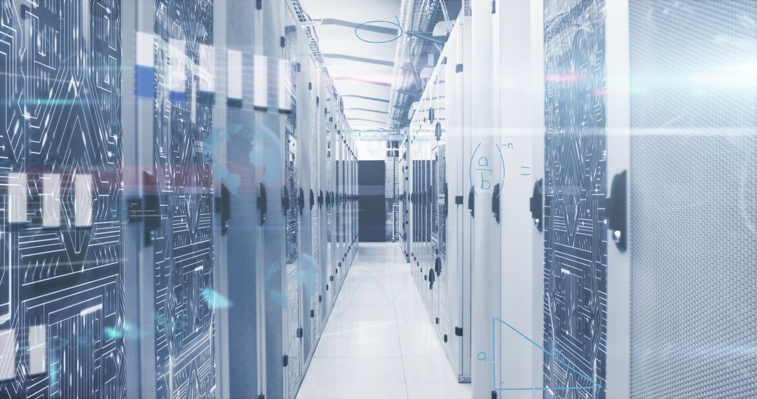 Futuristic Server Room with Digital Data Overlay and Equations