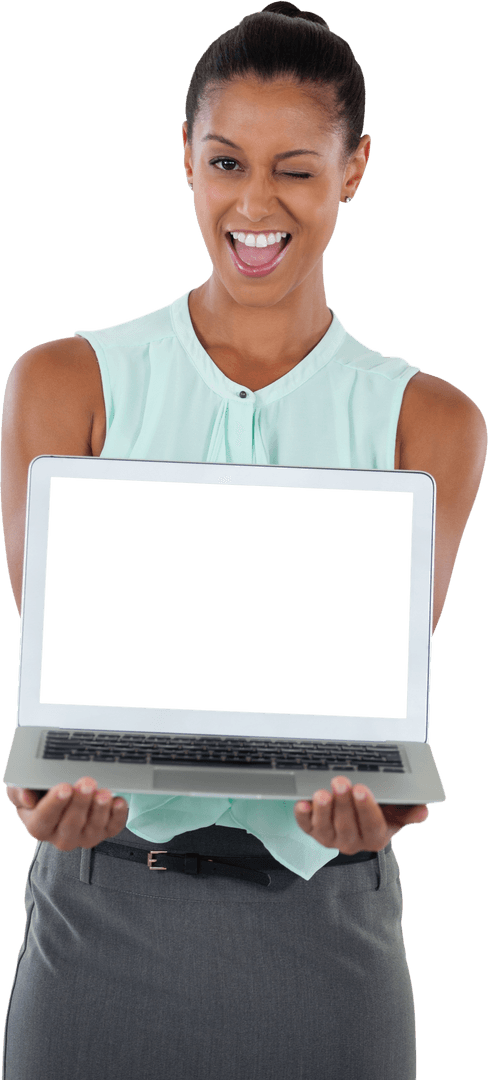 Transparent Winking Businesswoman Displaying Laptop