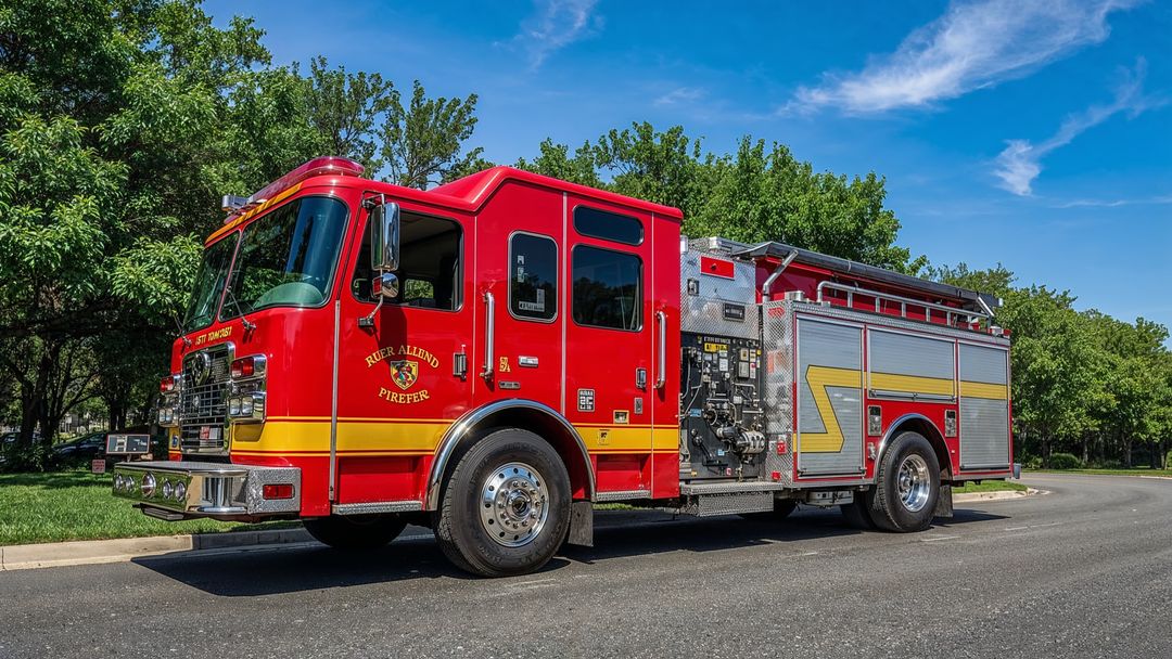 Red Fire Truck on Suburban Street with Safety Equipment