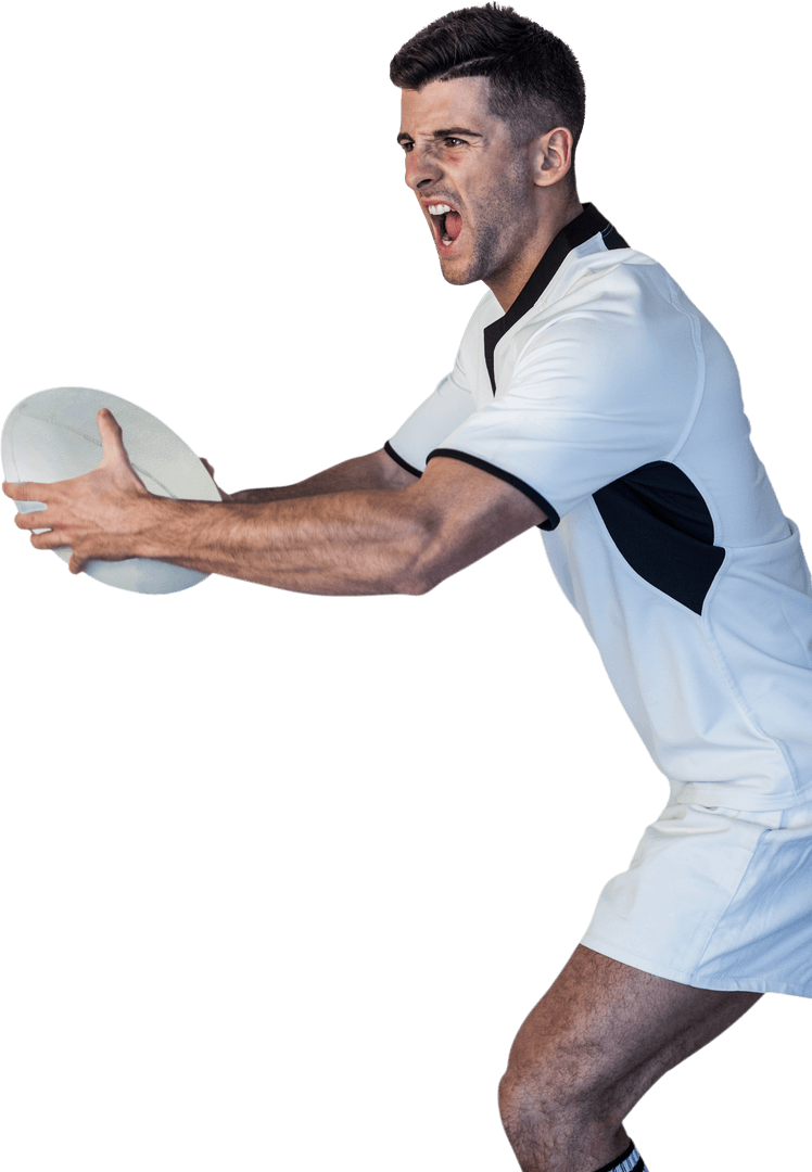 Transparent Rugby Player Holding Ball and Screaming