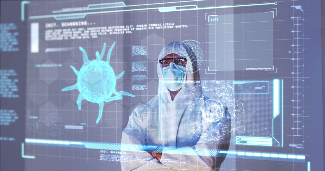 Scientist in Protective Gear Analyzing COVID-19 Data on Digital Screen