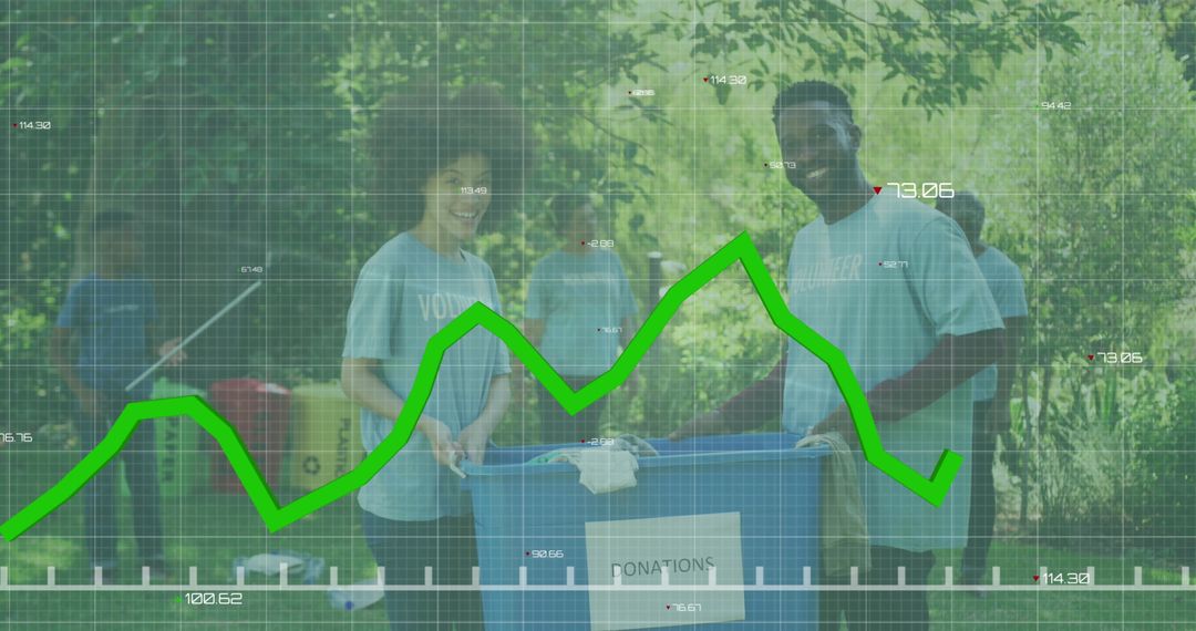 Volunteers Sorting Donations in Park While Discussing Progress Chart