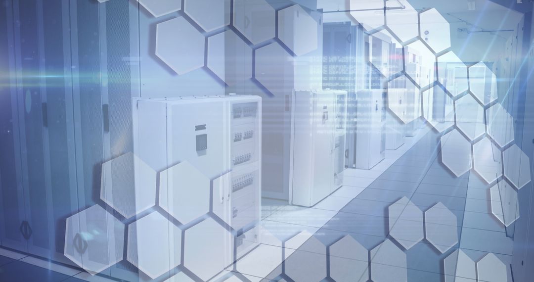 Modern Server Room with Digital Hexagonal Overlay