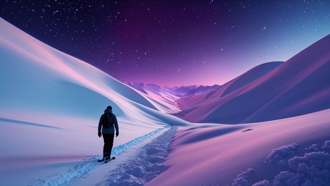 Solitary Hiker Traversing Snowy Twilight Mountain Valley