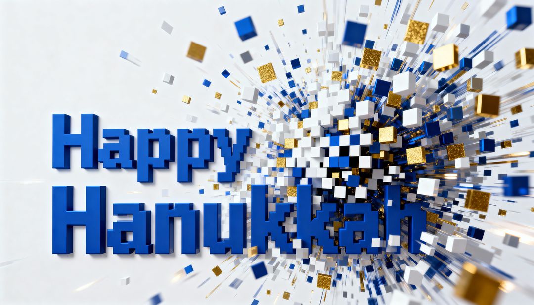 Exploding Happy Hanukkah 3D Text Radiating Blue Gold Cubes Glitter Confetti Burst