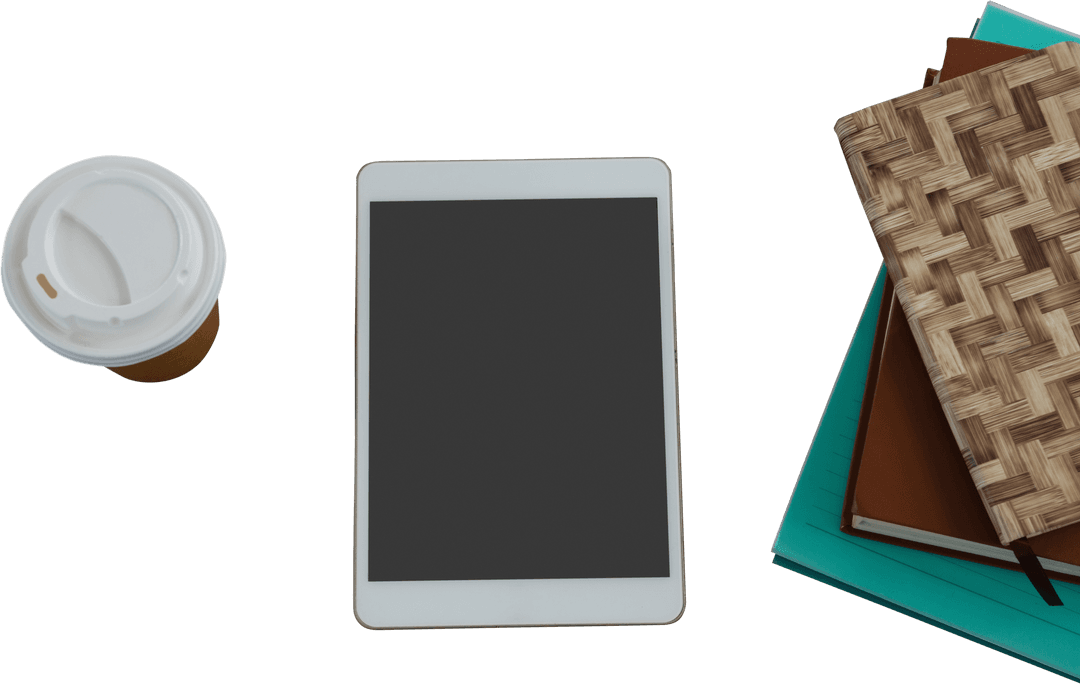 Tablet and Books with Coffee Cup on Transparent Background Vector