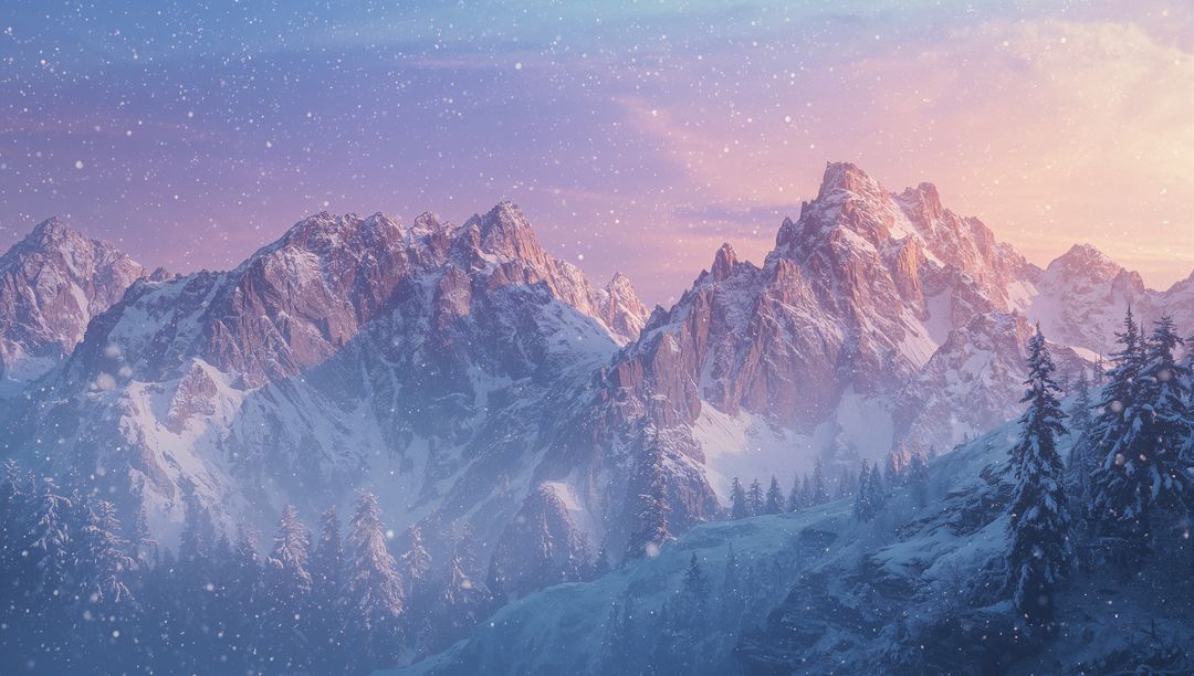 Twilight Snow-Capped Mountains with Falling Snow and Pine Trees