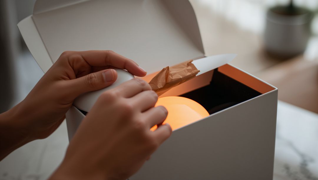 Hands opening gift box revealing glowing amber orb lamp on marble countertop, minimalist