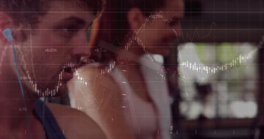 Fitness Enthusiasts Exercising with Financial Chart Overlay