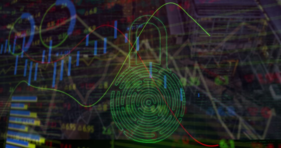 Futuristic Financial Security Illustration with Graphs and Cityscape