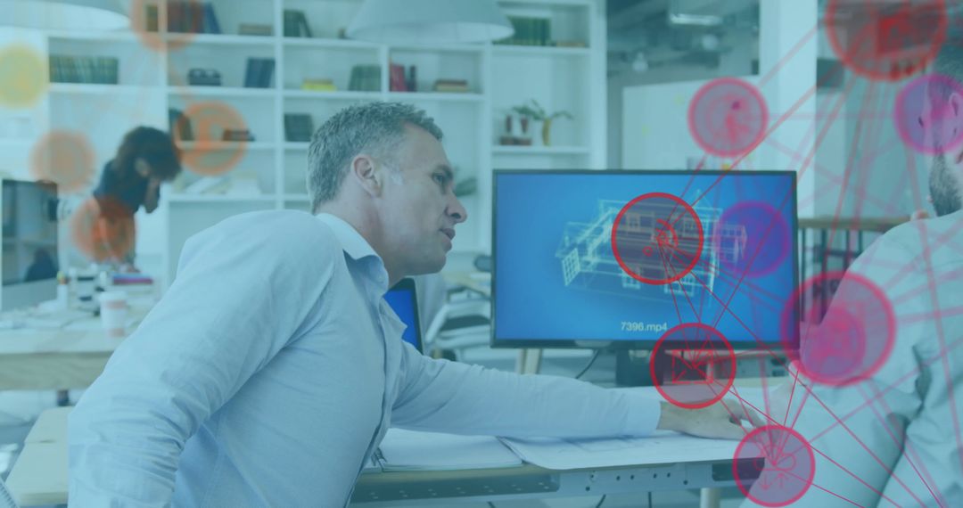 Team Collaborating on 3D Design with Digital Interface Overlay