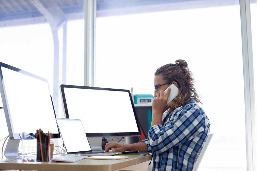 Transparent Office Scene with Man Consulting on Phone