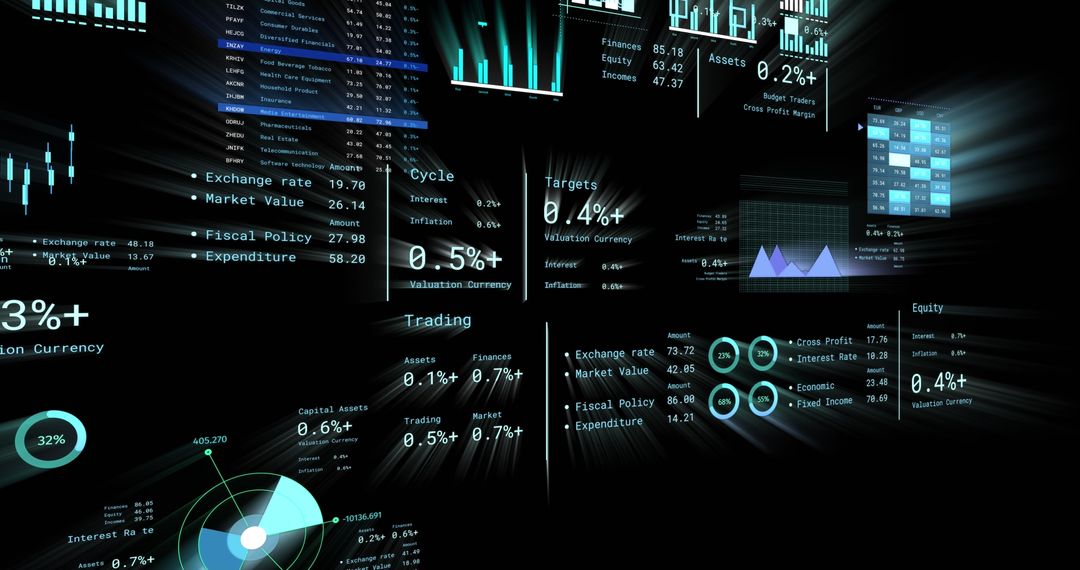 Futuristic Financial Data Display on Black Background
