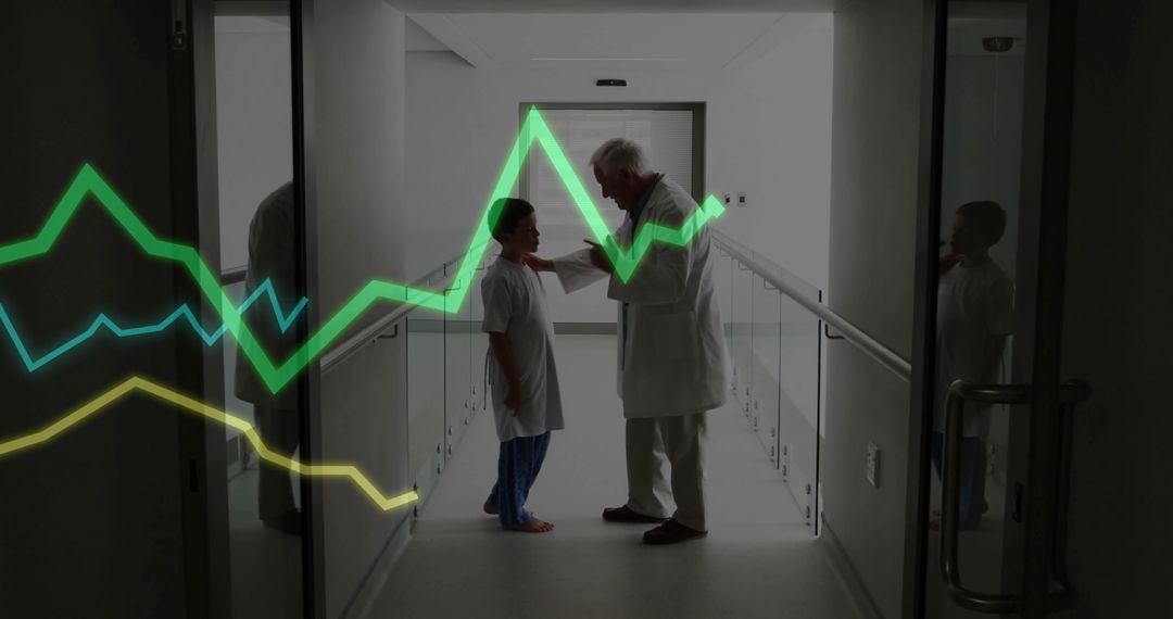 Senior pediatrician examining child in hospital corridor with neon health analytics overlay