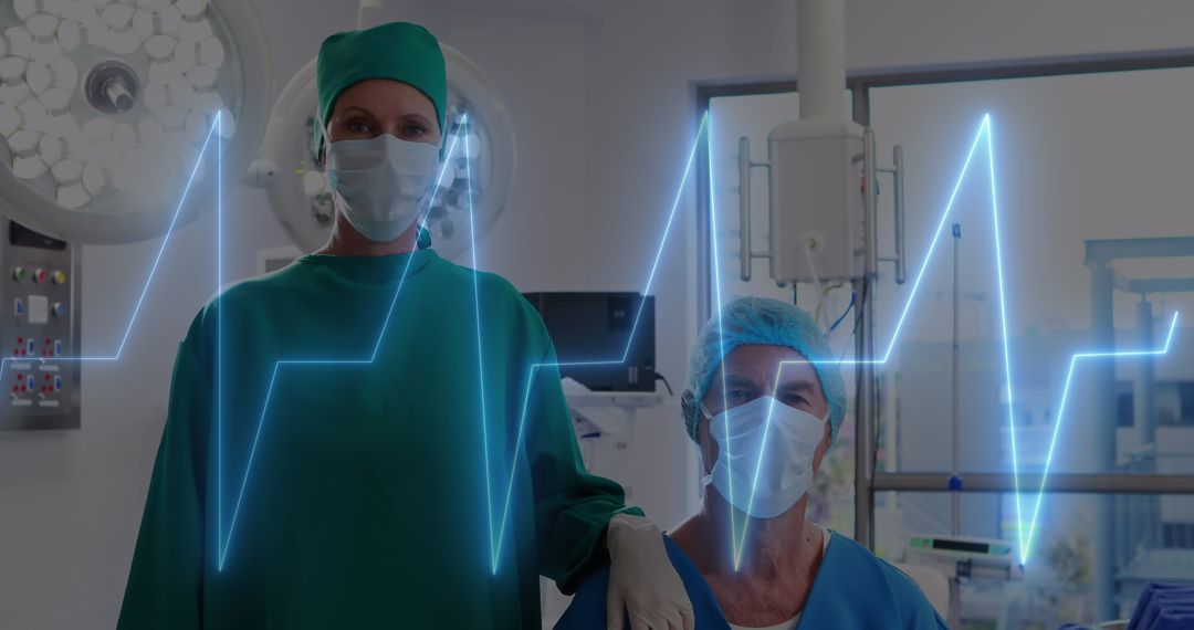 Surgeons in Operating Room with Heart Rate Graphic Overlay