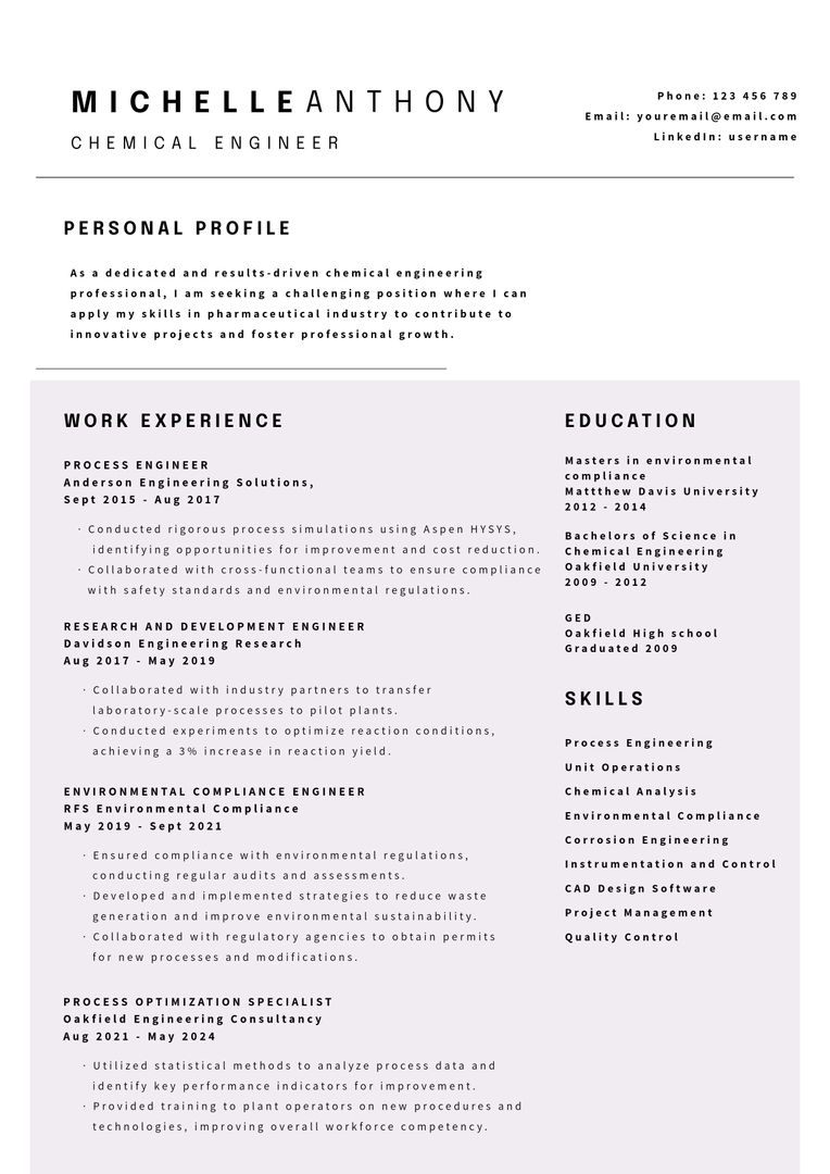 Chemical Engineer Resume Template with Professional Profile - Download Free Stock Templates Pikwizard.com