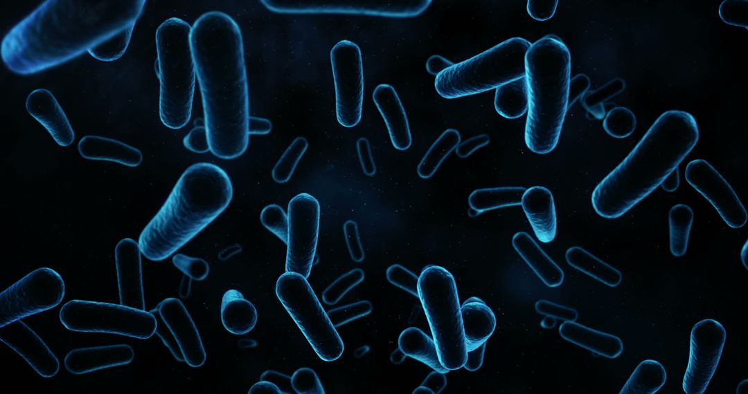 Abstract Blue Bacteria Floating in Dark Space - Microbiology Concept