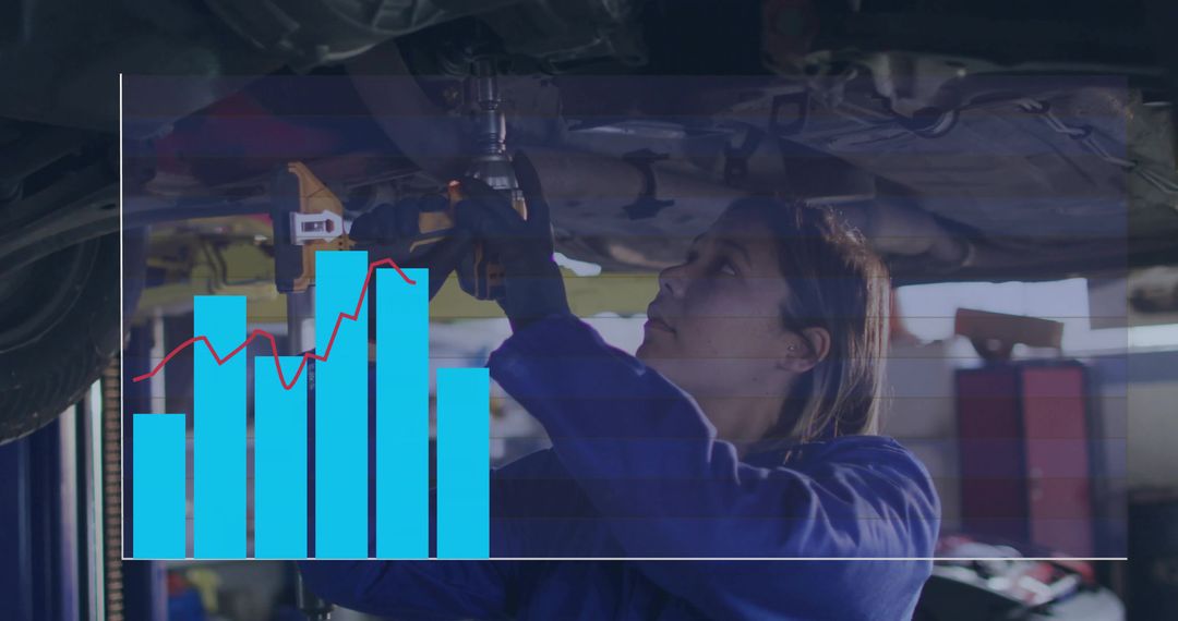 Female mechanic tightening vehicle under lift using drill with business chart overlay