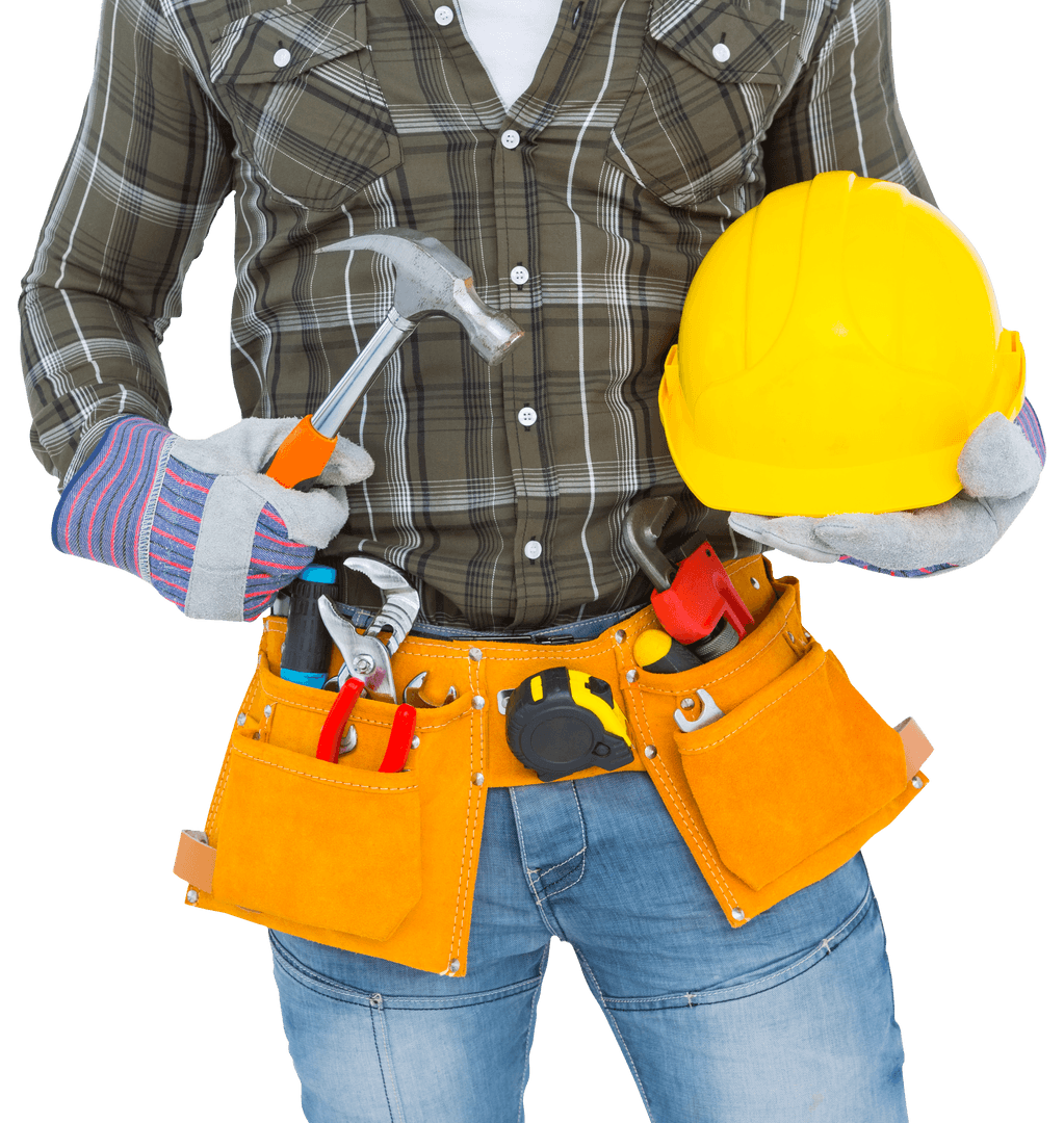 Transparent Construction Worker Holding Tools and Safety Gear