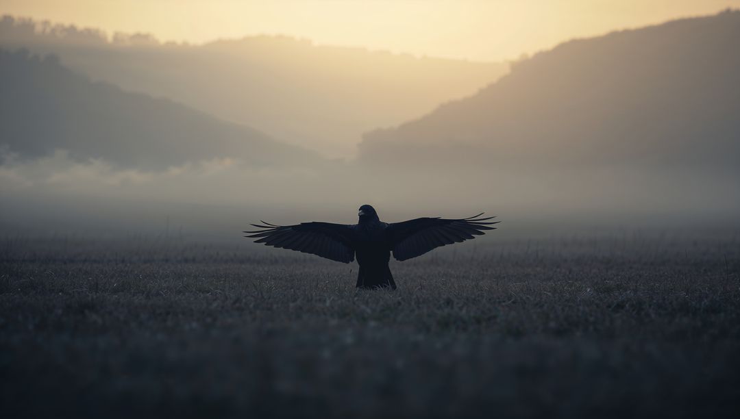 Black Bird Stretching Wings in Frosty Field at Dawn