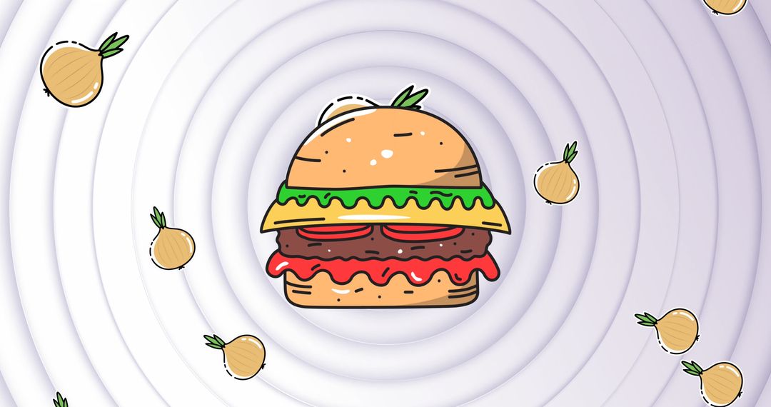 Cartoon Cheeseburger and Falling Onions on Concentric Circles