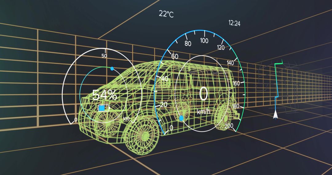 Displaying neon green wireframe SUV with AR HUD navigation, speed telemetry and route visualization