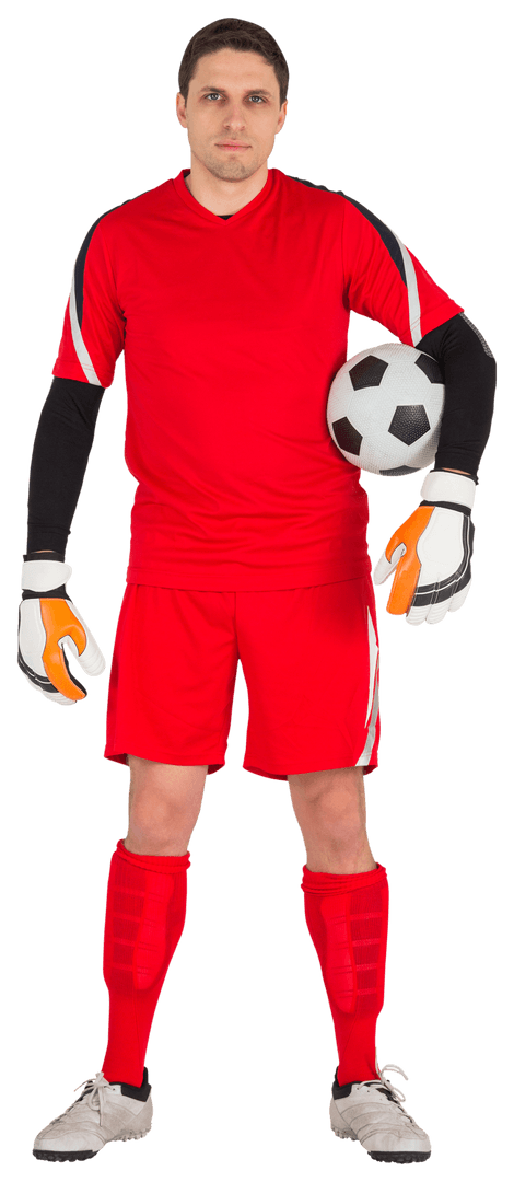 Transparent Goalkeeper in Red Kit Holding Soccer Ball
