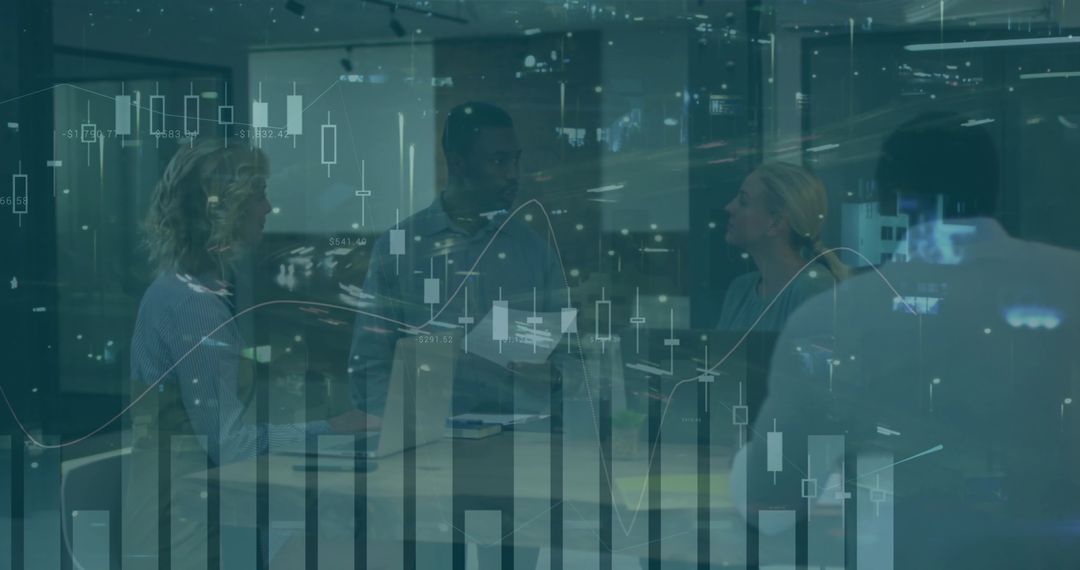 Collaborating team analyzing market data with candlestick charts overlay, office boardroom