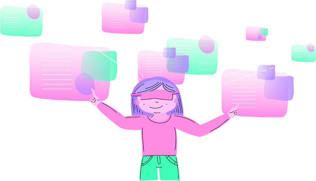 Cartoon Character Managing Digital Data Bubbles on Transparent Background