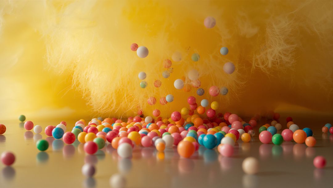 Fuzzy Yellow Cotton Candy Releasing Multicolored Sugar Pearls Over Reflective Tabletop