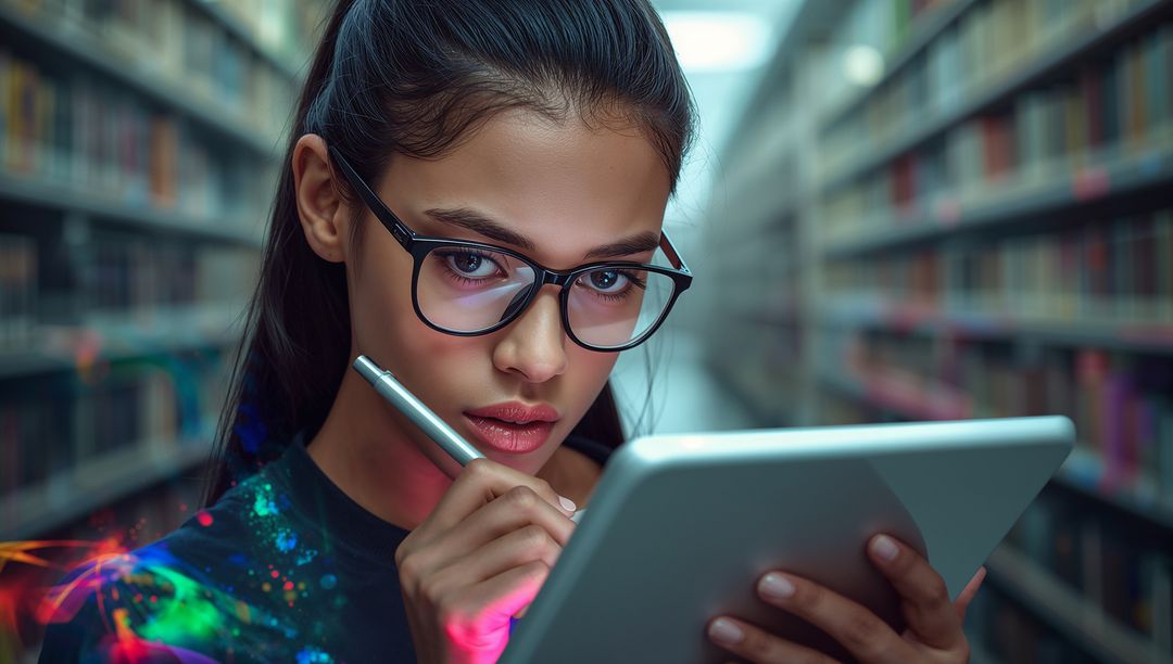 Teen Girl Using Stylus on Tablet in Modern Library