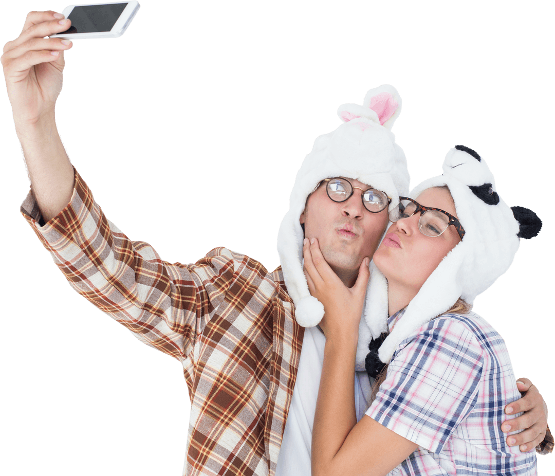 Geeky Hipster Couple Sporting Animal Hats Taking Transparent Selfie