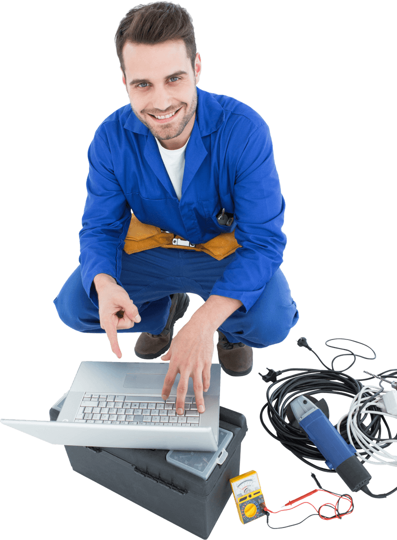 Transparent Smiling Electrician Using Laptop with Equipment
