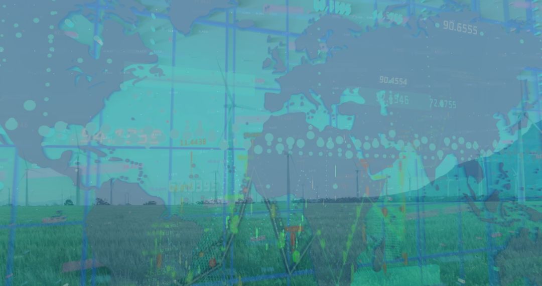 Futuristic Digital Ecology with Wind Turbines and Global Data Map