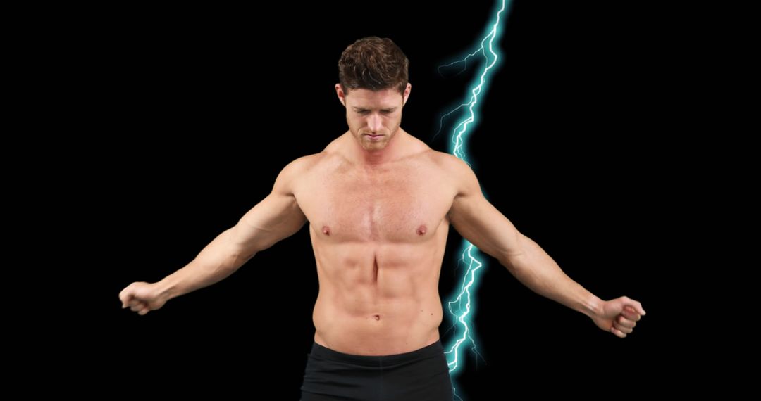 Muscular Man Flexing with Dynamic Lightning Effect Background