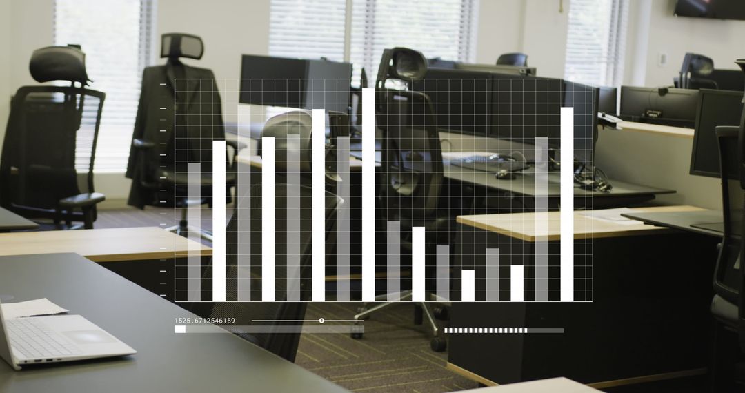 Empty Office Workspace with Overlay of Graph and Financial Data