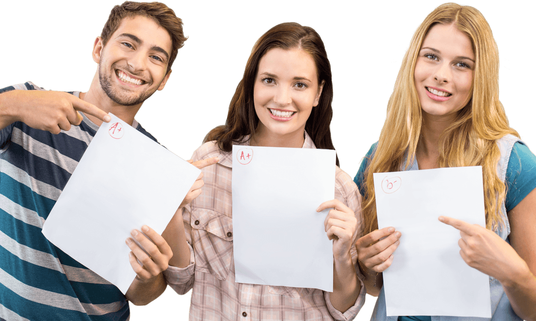 Transparent Background of Smiling Students Displaying Exam Results