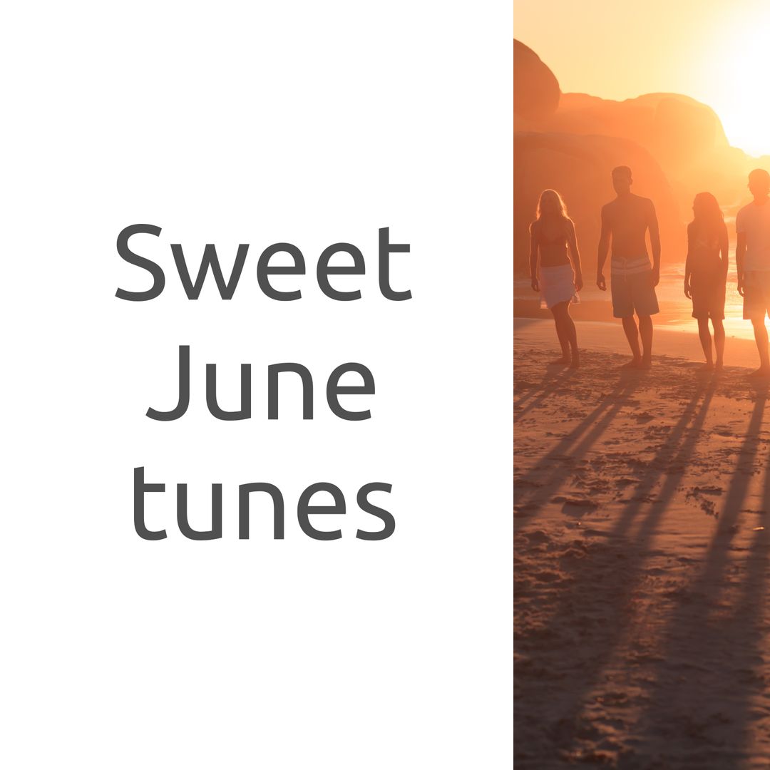 Friends Walking on Beach at Sunset with Inspirational Text