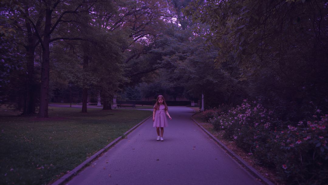 Child Walking Alone on Quiet Park Path with Trees and Flowers