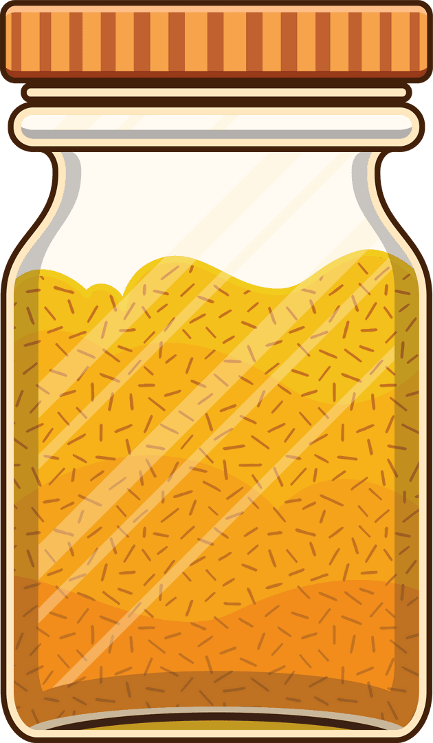 Glass Jar with Yellow Granules and Striped Lid on Transparent Background