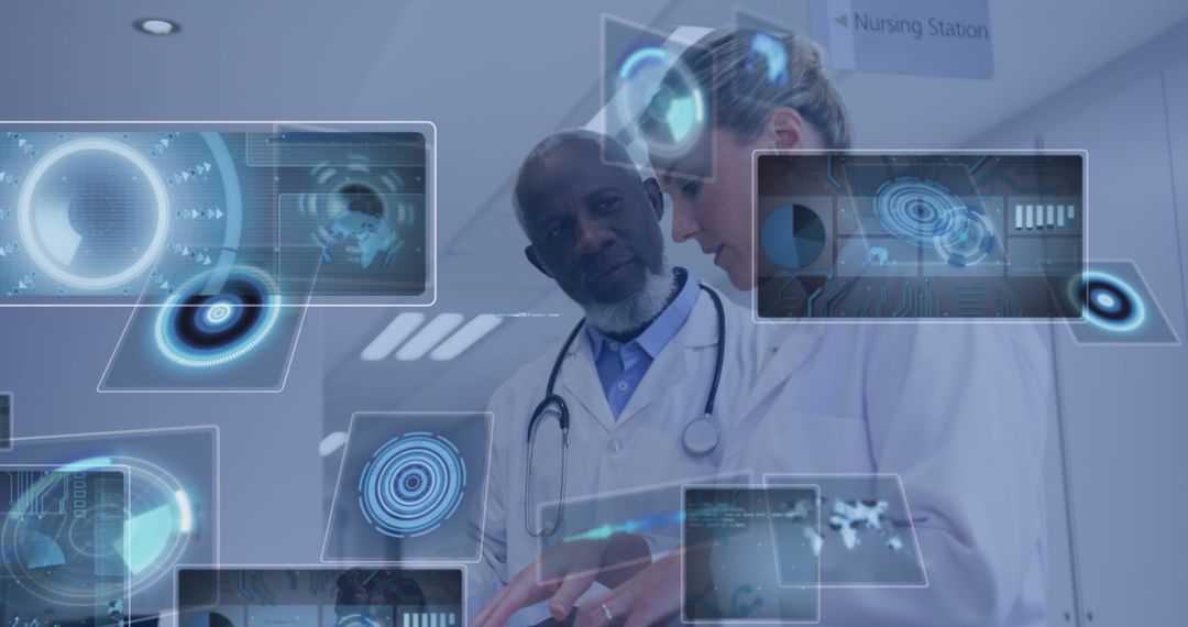 Futuristic Healthcare: Doctors Analyzing Holographic Data