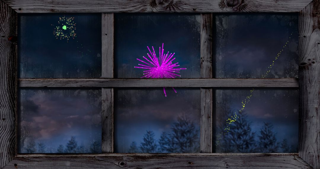 Colorful Fireworks Display Seen Through Rustic Window