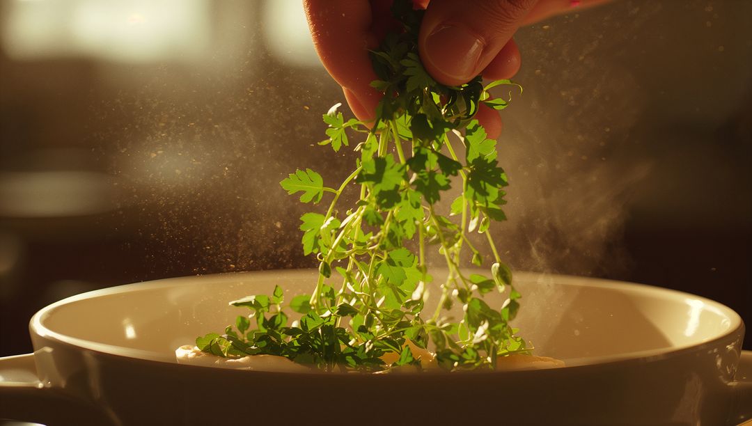 Hand Adding Fresh Herbs to Steaming Bowl in Sunlit Kitchen