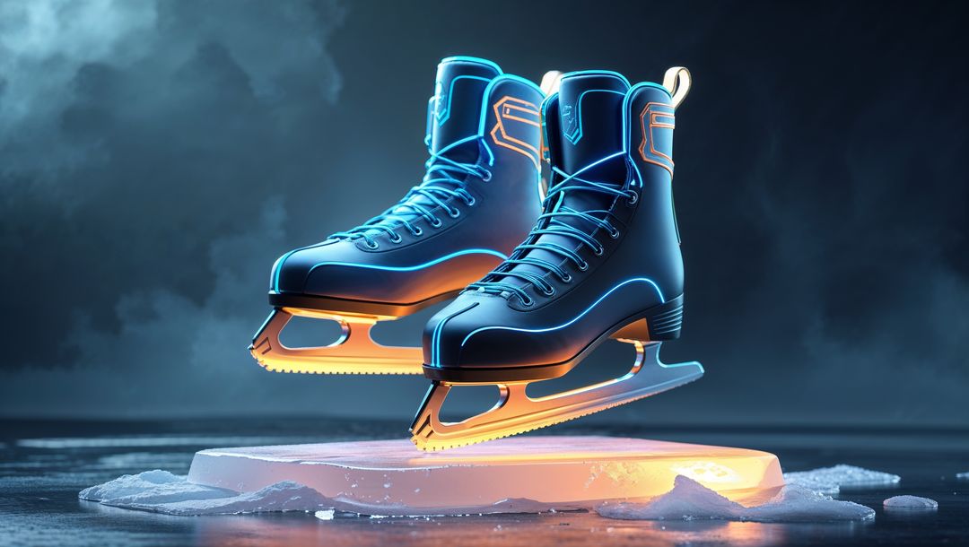 Futuristic ice skates hovering over glowing ice skating block